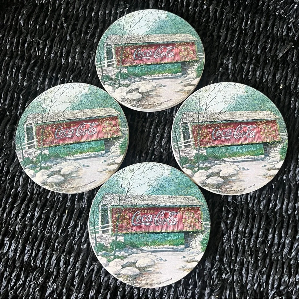 Vtg Coca-Cola Absorbent Stoneware 4 Coaster Set Collectible Coke Covered Bridge